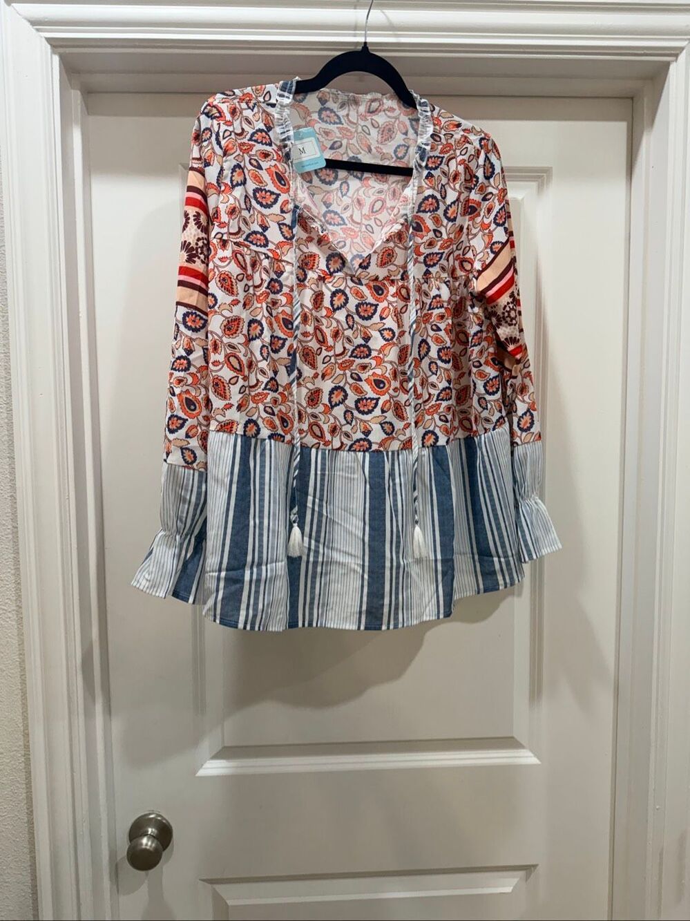 Bellanblue Boho Paisley Striped Tassel V-Neck Blouse Top Size M Brand New